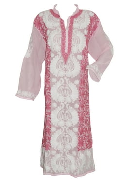 Mogul Women Tunic Dress Pink White Floral Embroidered Georgette Sheer Kurti Dress XXL