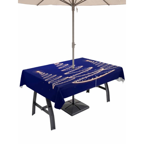 Outdoor Tablecloth with Umbrella Hole and Zipper, Christmas Shinny Tree Rectangle Table Cloth 60x120 Inch Waterproof Tablecloth, Xmas Light Stars Abstract Blue Picnic Table Cover for Patio Camping