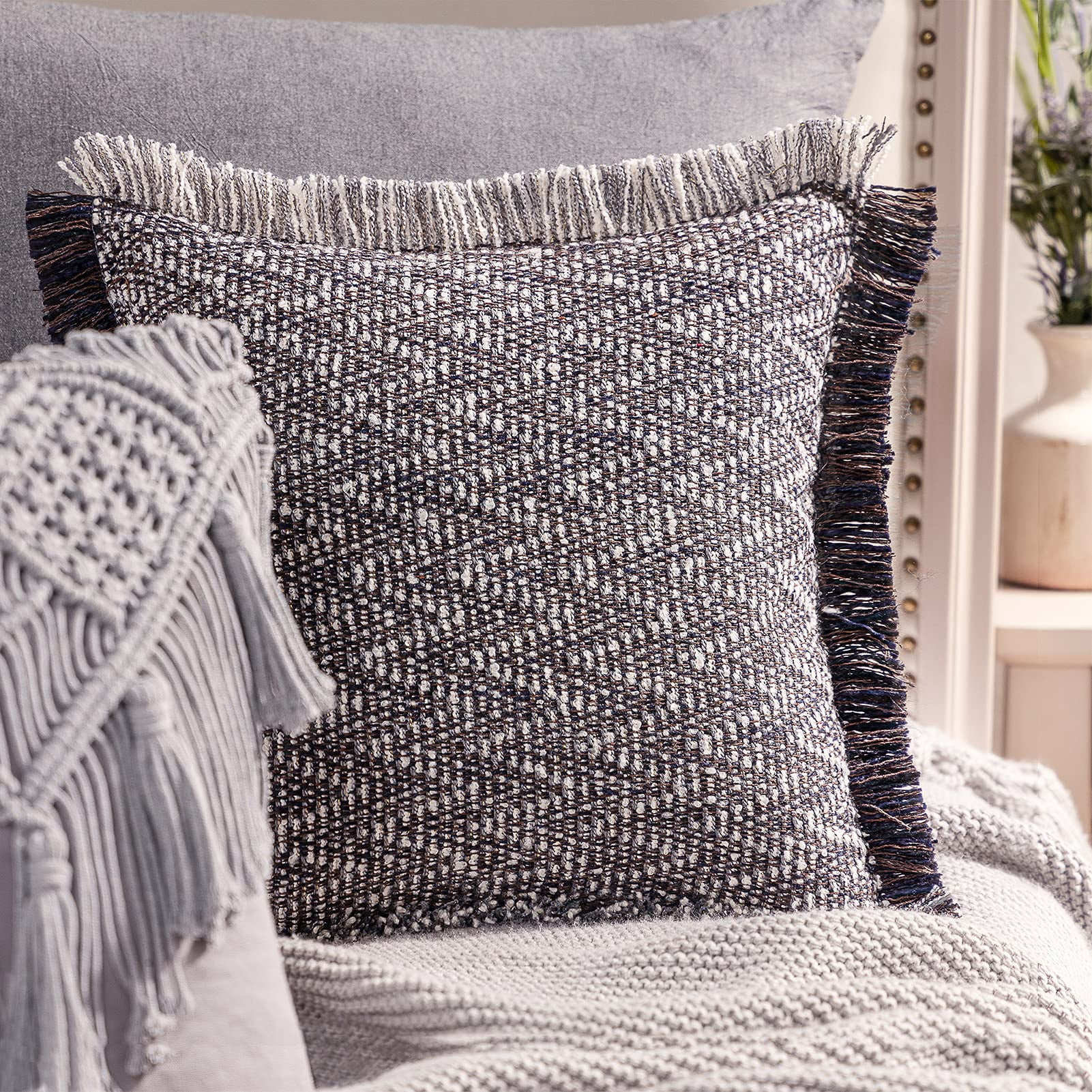 Phantoscope Boho Hand Woven Textured Decorative Throw Pillow with Insert, Fringe Trim, Modern Farmhouse Accent, Black, 18 x 18 in, 1 Pack