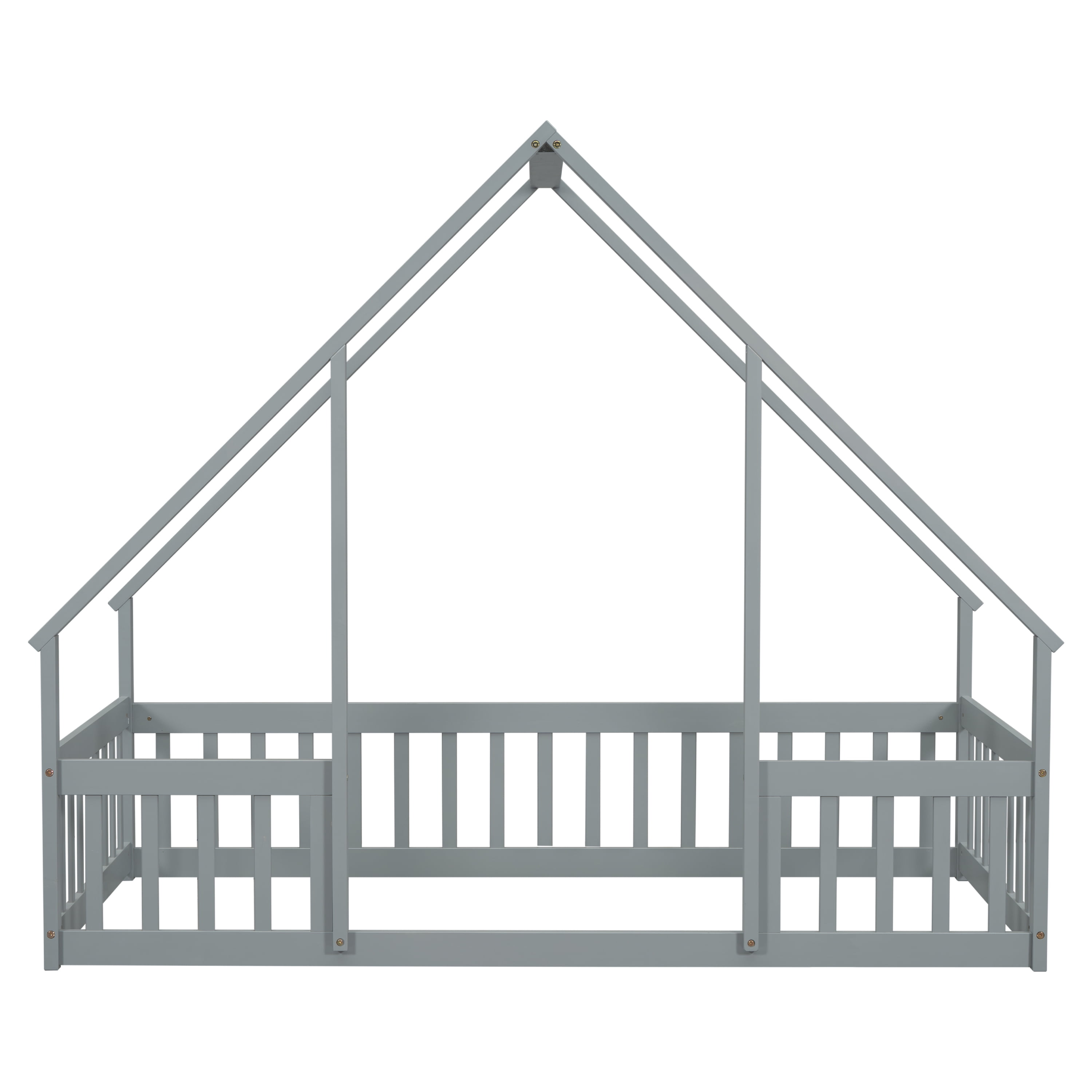 Sailvan Twin Wood House-Shaped Floor Bed with Fence, Guardrails
