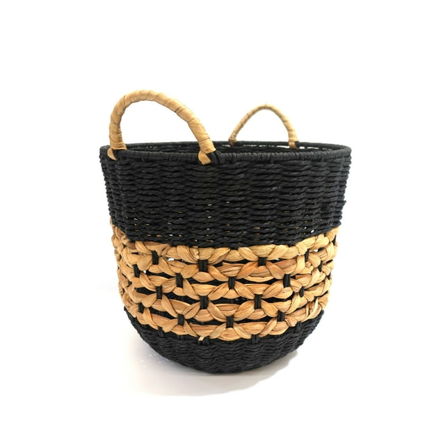 Small Hometrends woven storage basket made of black paper and natural water hyacinth fibers with two wrapped handles.