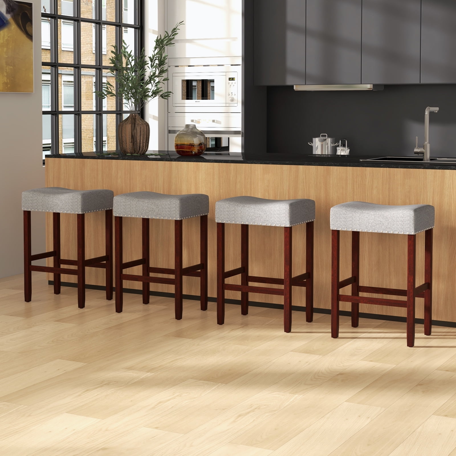 Costway Set of 2 Counter Height Bar Stools Saddle Kitchen Chairs with Wooden Legs Gray