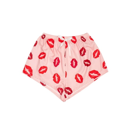 

Capreze Women Sleepwear Elastic Waist Pj Bottoms Silk Pajama Shorts Loose Lounge Mini Pant Plaid Red Lip S