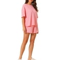 thumbnail image 4 of INSPIRE CHIC Women's Lounge Outfits Casual Round Neck Shorts Sleeves Ribbed Tops with Shorts Pajama Sets M Pink, 4 of 6