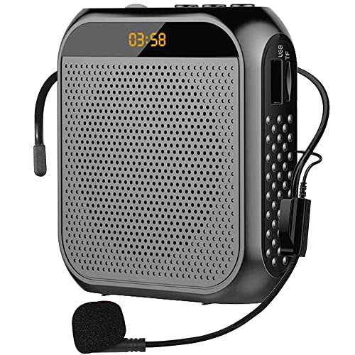 amplificador de voz portátil voviggol para profesores con micrófono inalámbrico recargable y altavoz en vista 3/4, carcasa negra rectangular con rejilla perforada frontal y pantalla LED amarilla superior; botones en el borde, ranura USB/TF y conector 3.5 mm visibles, micrófono de diadema con brazo flexible y espuma, clip de cintura incluido; salida hasta 8W, batería de litio 2200 mAh con hasta 20 horas de amplificación o 13 horas de música, reproducción MP3 desde tarjeta TF o USB, ideal también para guías turísticos o reuniones pequeñas.