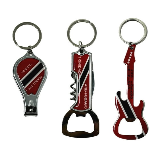 Pack of 3 Trinidad and Tobago Keychains, Country Metal Keychain, 3 Bottle Opener, Nail Clipper, Guitar, Patriotic Souvenir Keychains, Car Keys, Gift, Bulk