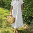 thumbnail image 6 of Pink Striped Short Sleeve Button-Front Shirt Dress Cotton Linen Blend, 6 of 12