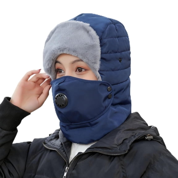 Thermal Hat with Detachable Breathing-Valve Mask with Goggles, 3 in 1 Waterproof Fleece-Lined Hood, Reflective Strips for Safe Nighttime Outings (1PC, Blue)