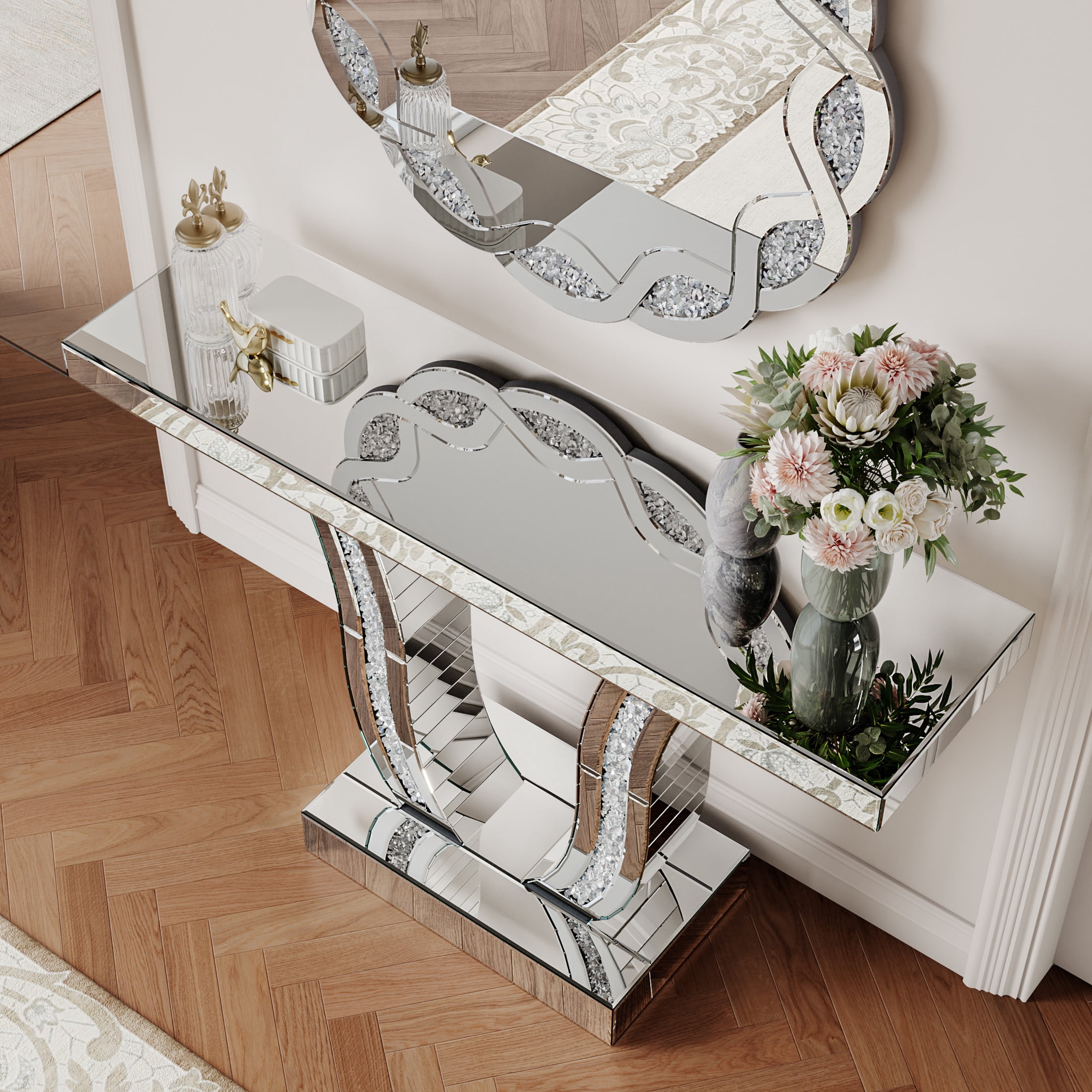 Noble House Mirrored Console Table, Modern Silver Entryway Sofa Table with Curved Stone-Inlaid Legs, Silver Glam Entryway Table,Silver