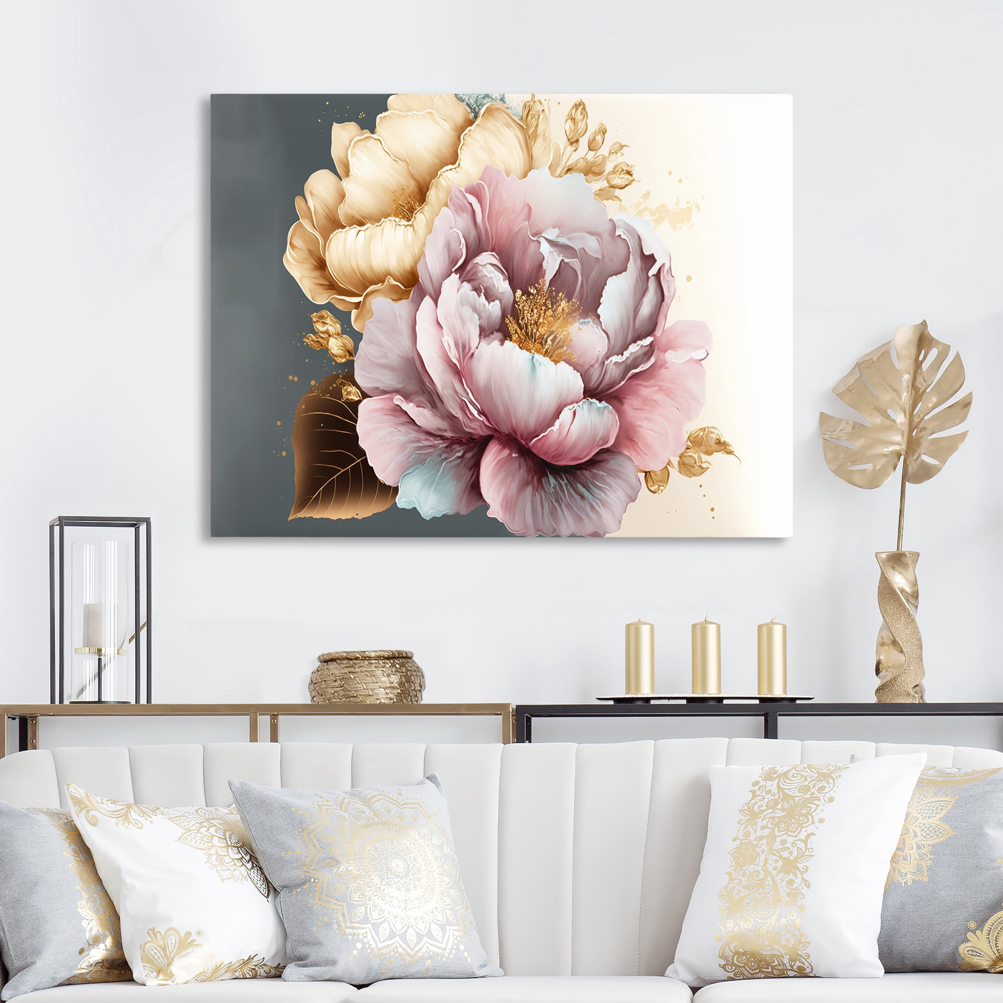Designart Pink And Gold Hibiscus Flower II Canvas Wall Art
