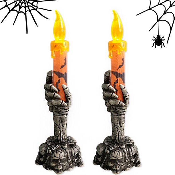 2Pack Halloween Skull Candle Holder Creepy Candelabra with LED