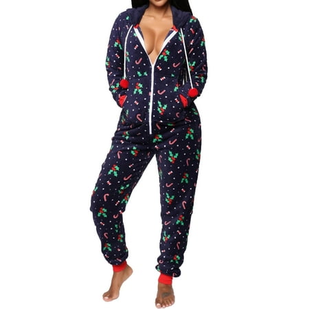 

Calsunbaby Women Winter Pajamas Long Sleeve Zipped Hooded Onseies Nightwear Warm Xmas Santa Sleepwear Long Jumpsuit Nightwear Navy L