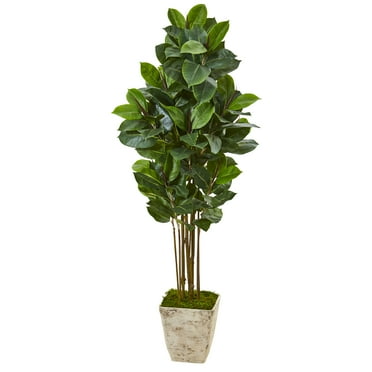 Nearly Natural 63" Rubber Leaf Artificial Tree in Country White Planter, Green