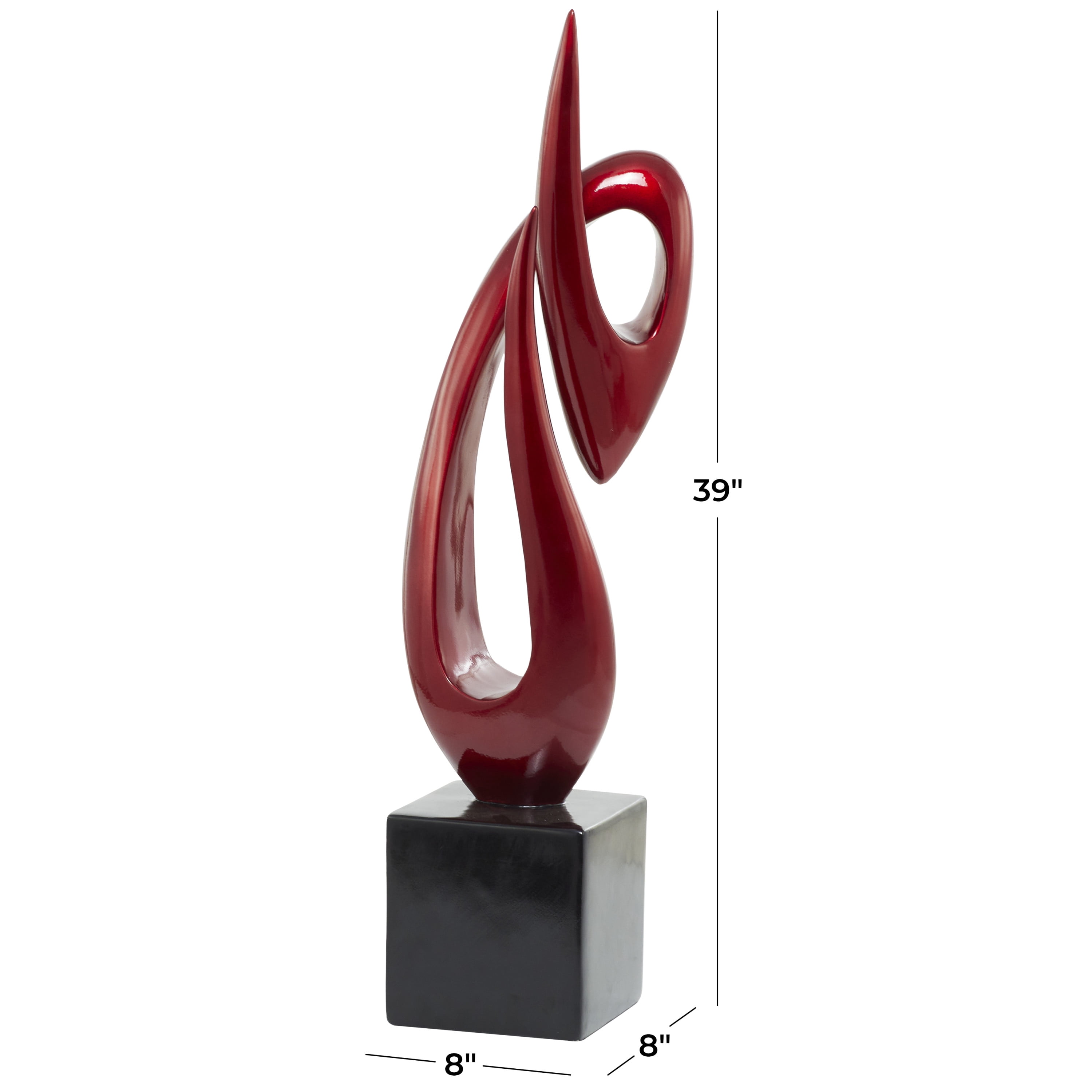 8" x 40" Red Polystone Swirl Abstract Sculpture with Black Base, by DecMode