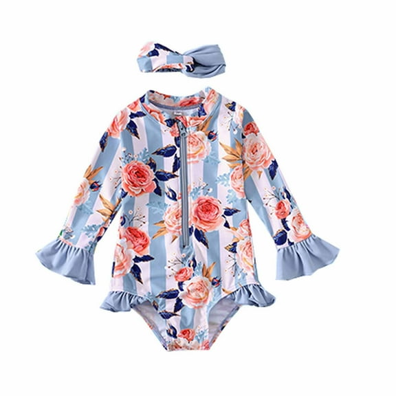 Fesfesfes Toddler Girls Swimsuit Long Sleeve Bathing-Suits with Hairband Flower Print Ruffle Trim One-piece Swimsuit Swimwear Suit