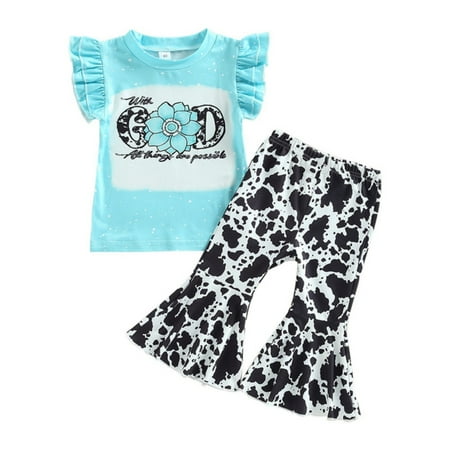 

BULLPIANO Toddler Baby Girls Outfits Western Cow Print Clothes Spring Summer Short Sleeve Tops & Bell Bottoms Set 1-5Y