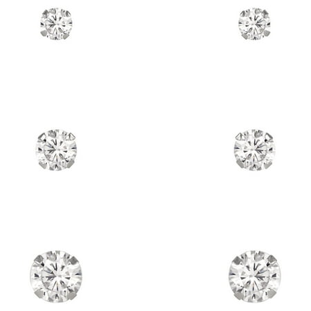 Brilliance Fine Jewelry Women's 10kt White Gold Cubic Zirconia Stud Earrings Set, 3/4/5mm