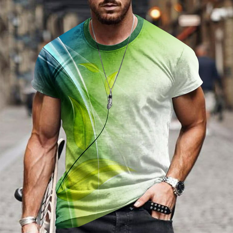 Penkiiy Men Casual Round Neck 3D Digital Printing Pullover Fitness Sports Shorts Sleeves T Shirt Blouse Loose Fit Short-Sleeve Pocket T-Shirt XL Green