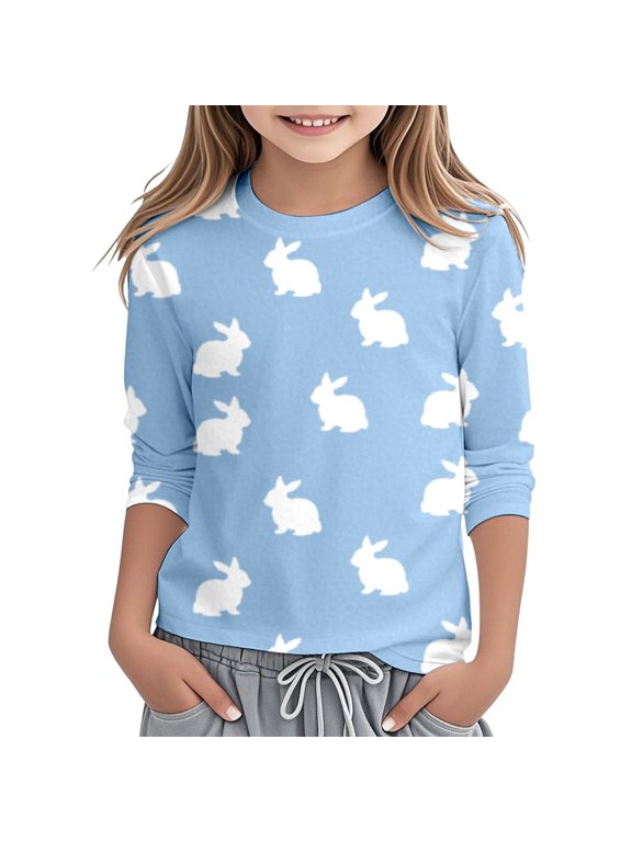 Easter Bunny Print Girls Casual Tee Shirt for Toddlers Kids Round Neck 3/4 Sleeve Soft Tennis Blouse Top Everyday Wear Sky Blue 13-14 Years