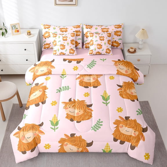 Erosebridal Kawaii Cow Bedding Twin Size, Pink Cartoon Bed Set, Rustic Farmhouse Reversible Bed in a Bag Twin size, Lightweight Bedroom Decoration, 7pcs