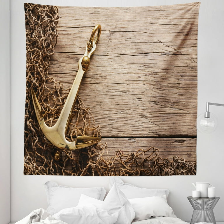 Ambesonne Rustic Tapestry, Nautical Anchor and Fishing Net On Wooden Background Fisherman Seaside Themes, Fabric Wall Hanging Decor for Bedroom Living Room Dorm