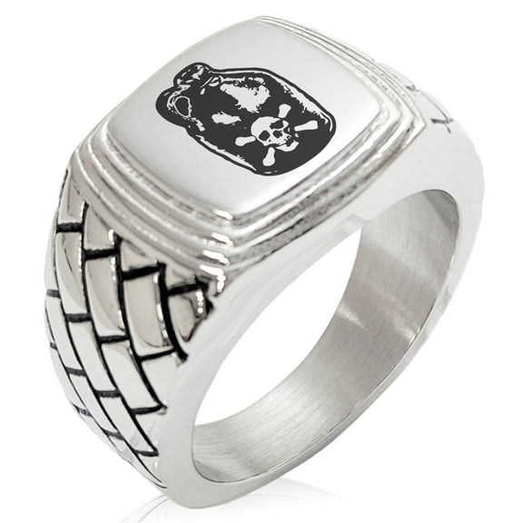 Stainless Steel Pirate Skull Crossbones Rum Geometric Pattern Step-Down Biker Style Polished Ring