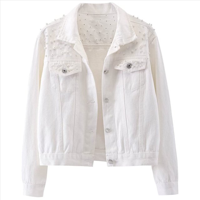 Chaqueta Vaquera Extragrande para Mujer con Perlas Bordadas y Abalorios M