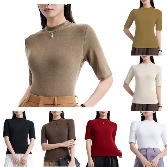 QHWAUAKFBN T Shirts For Women Trendy Loose Fit Turtle Neck Slim Fit Half Elbow Short 3/4 Sleeve Tight Tee Tshirts Top