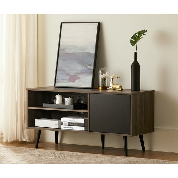 Wampat Mid Century TV Stand for TVs up to 46", Wood Entertainment Center, Black/Gray
