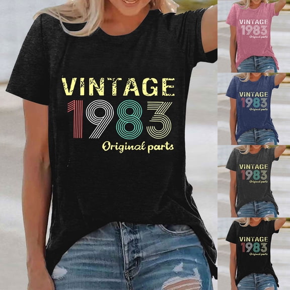 Trendfront Womens Vintage 1983 T Shirts Letter Graphic Crewneck Casual Short Sleeve Loose Fit Tops Trendy Fashion Tee Pullover Daily Wear