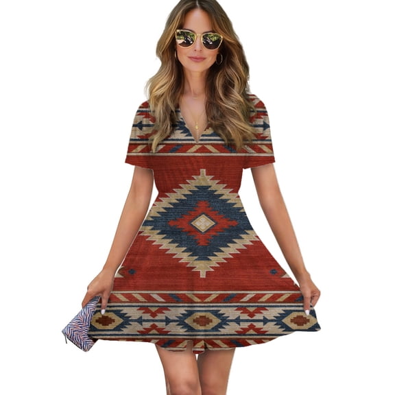 Southwestern Geometric Women Dress V-Neck Short Sleeve Flowy Swing Party Midi Dress