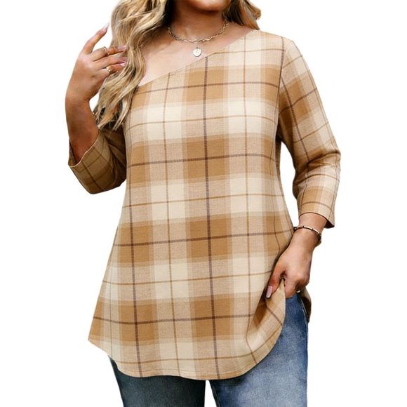 Dazajoo Plus Size Womens Off The Shoulder Shirts Paisley Plaid Stripe Colour Block Blouse Vintage 3/4 Length Sleeve Tops,Khaki,XXXL