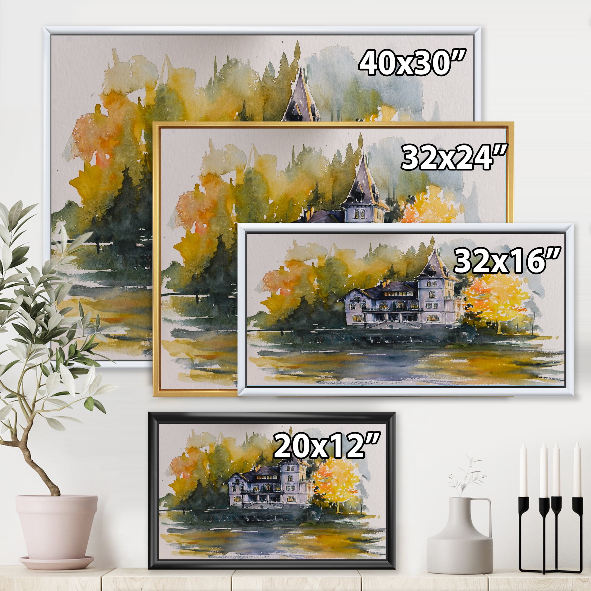 Designart 'Castle With Autumn Trees By The Lake' Lake House Framed Canvas Wall Art Print