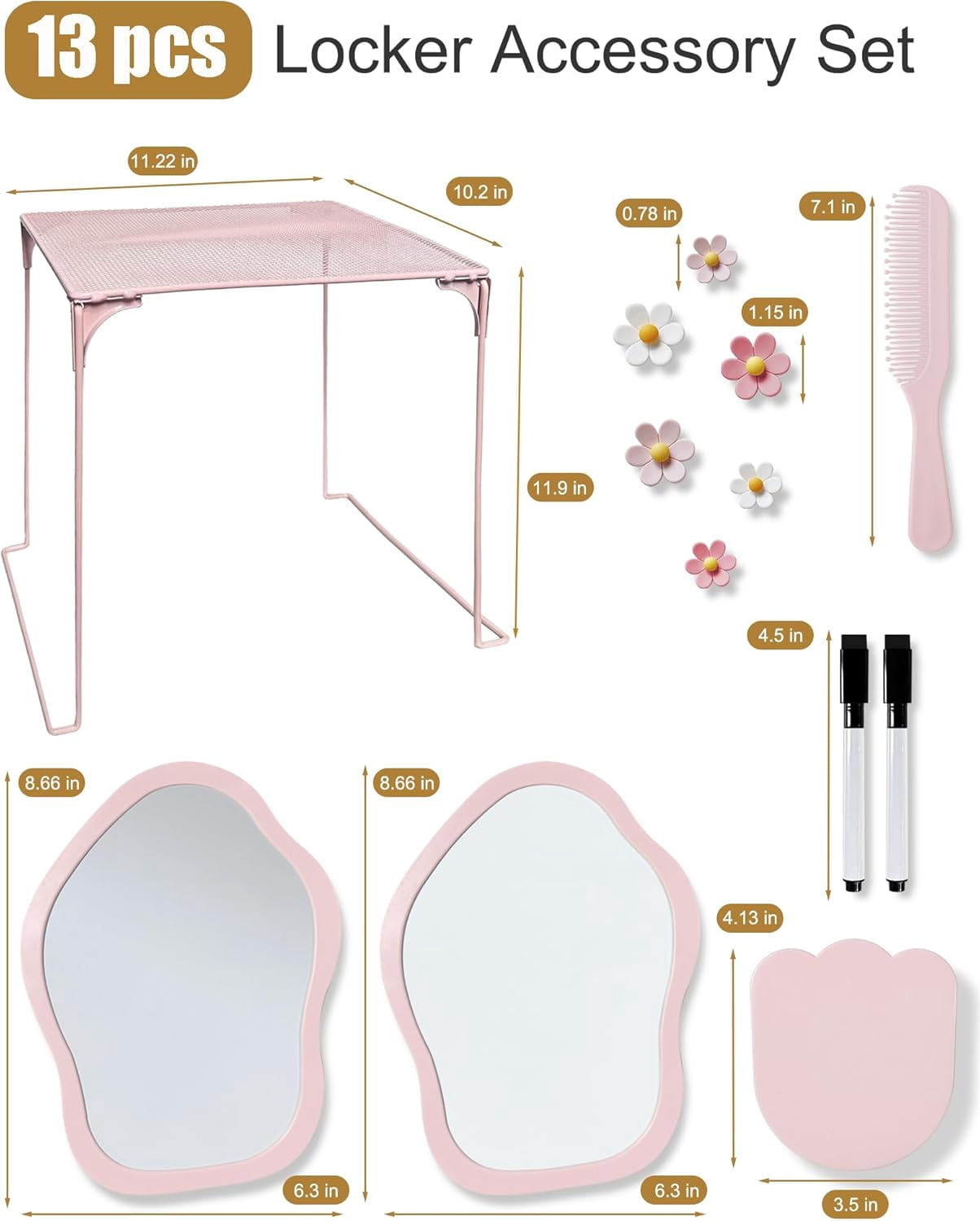 13 pcs Girls Locker Accessories, Locker Decorations Including Mirrors, whiteboards, Magnets and organizing Supplies. Ideal for Back-to-School Essentials and The Office (13 pcs-Pink)