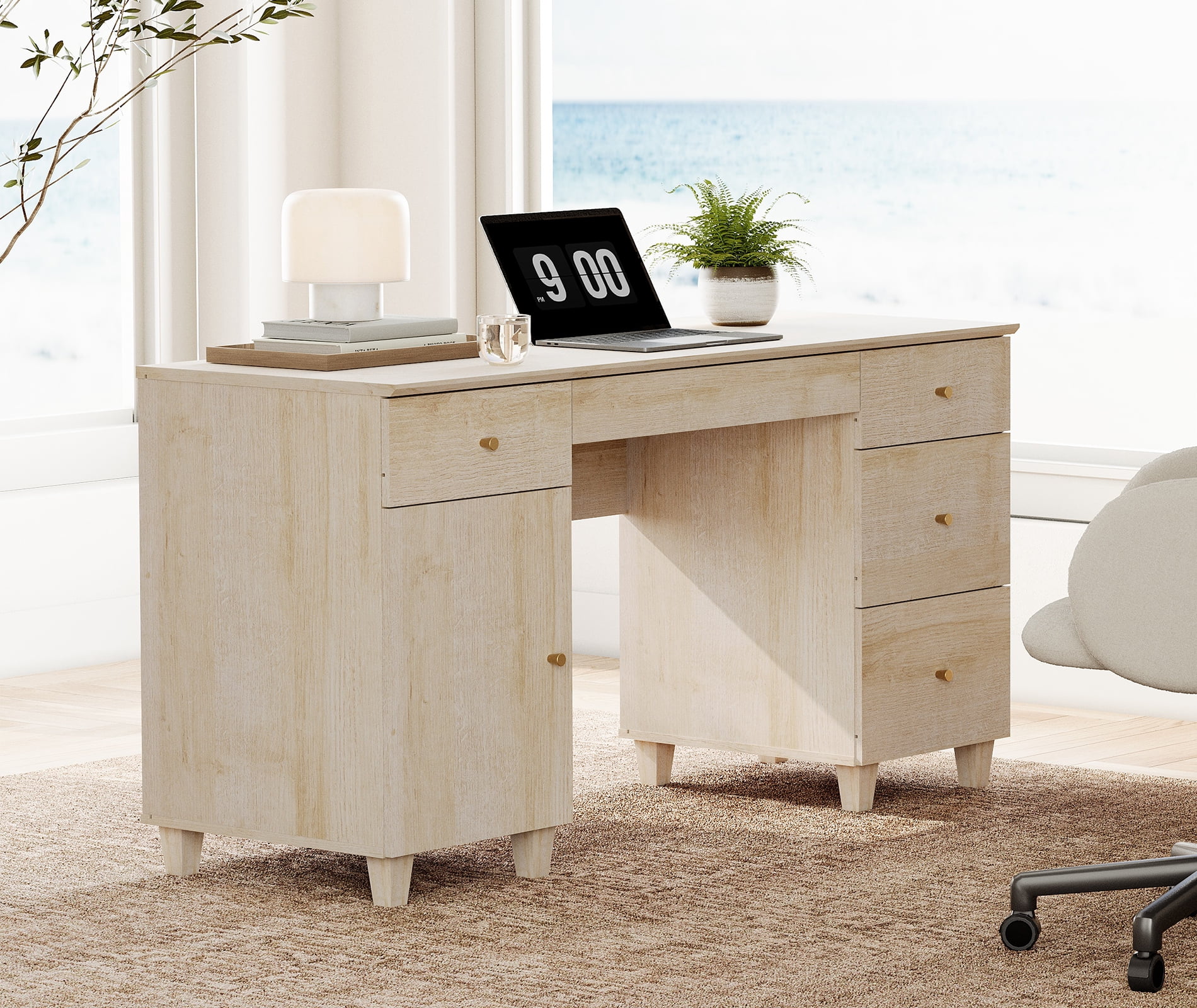 WAMPAT 58" Executive Desk with 5 Drawers and 1 Door, Modern Farmhouse Home Office Computer Table with Charging Station, Light Oak