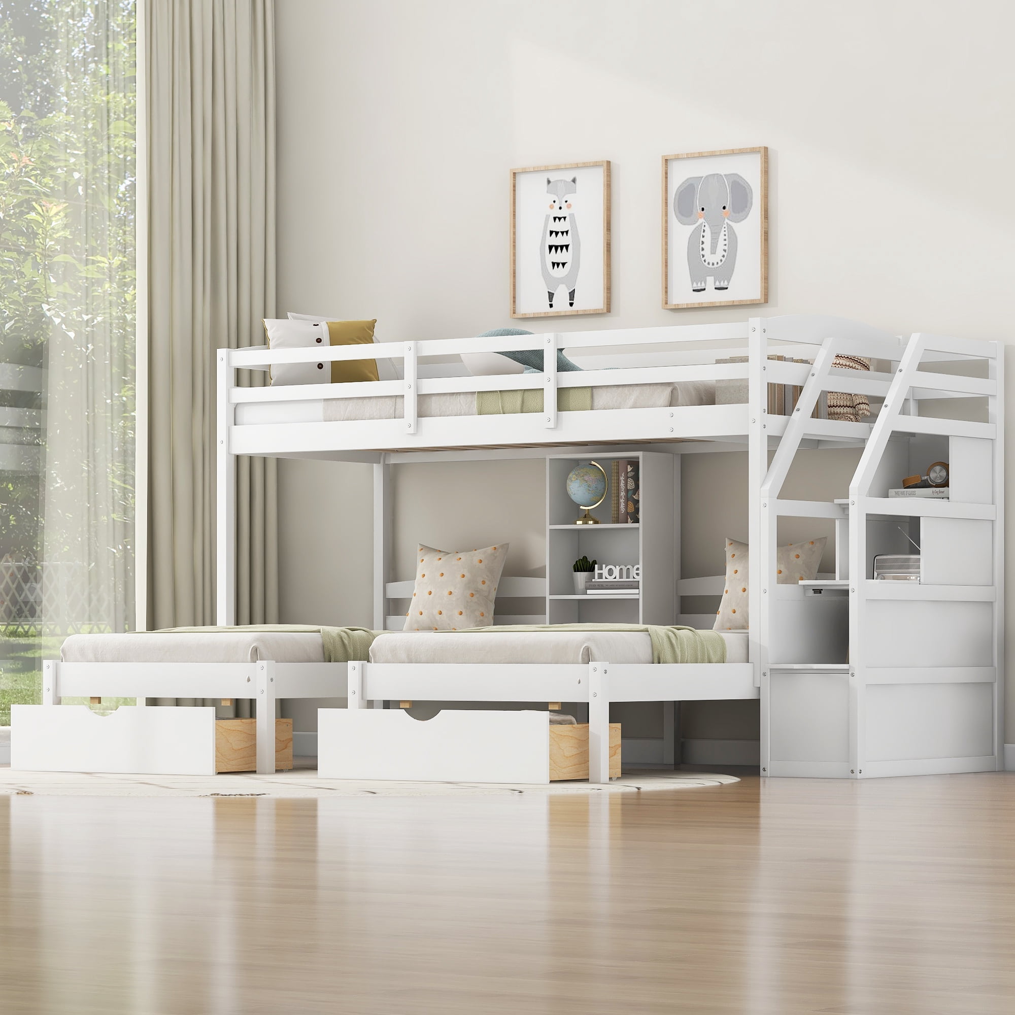 Euroco Twin over 2 Twin Bunk Bed with Staircase, 3 Beds in 1 Bunk with Drawers and Shelves, White