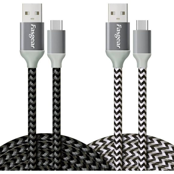 Fasgear USB to USB C Cable 10ft/3m,2 Pack Long Type C Cable Nylon Braided Fast Charging Compatible with Galaxy Note 8 9 S8/S9/S10/S10 , LG V20/G6 and More (Black,White)