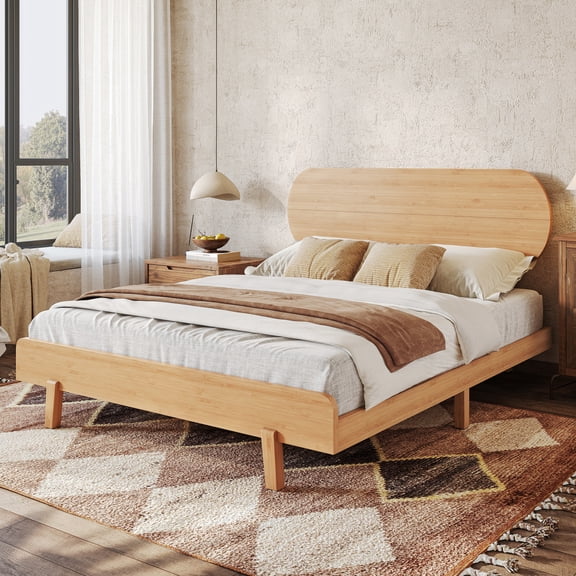Queen Size Bamboo Platform Bed with Round Shape Headboard and Little Footboard, Solid Bamboo-made Bed Frame with Support Slats, Full/Queen/King Bed Frame for Bedroom, Guest Rooms, Dorms, Natural