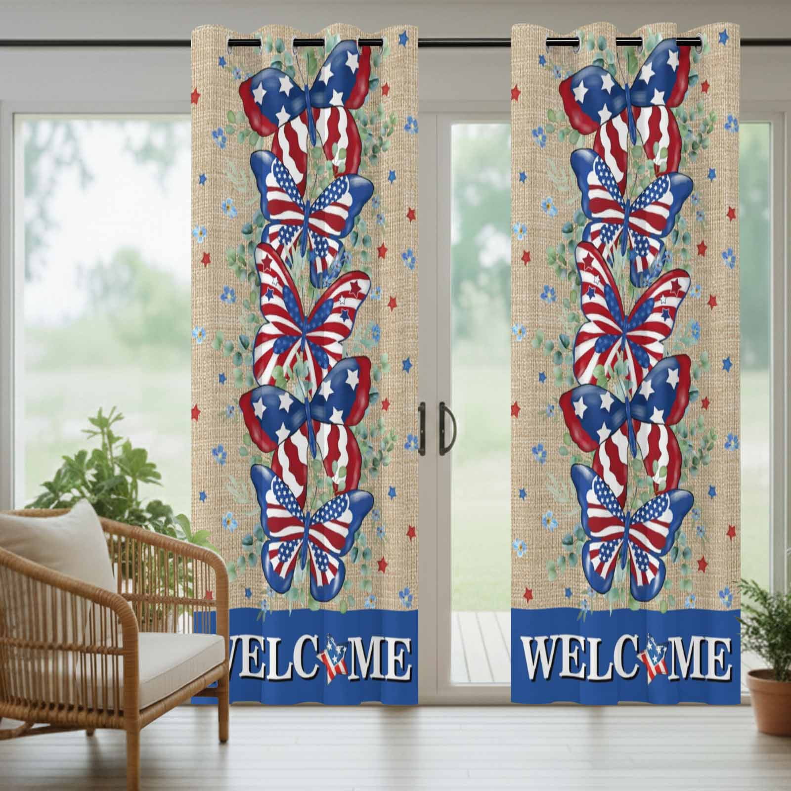 American Flag Butterfly Outdoor Curtains for Patio, Independence Day WELCOME Leaf Retro Sunshade Privacy Drapes Grommet Waterproof Outside Curtains for Porch/Cabana/Balcony 54"x 108", 1 Panel