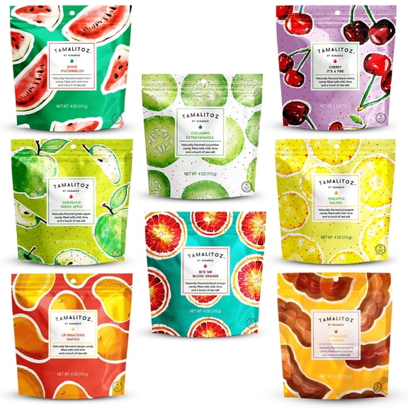 Tamalitoz Variety Pack – Spicy Mexican Hard Candy with Chile, Lime & Sea Salt, 8 Flavors: Mango, Cucumber, Tamarind, Watermelon, Pineapple, Blood Orange, Green Apple, Cherry – 8 Bags (4oz Each)