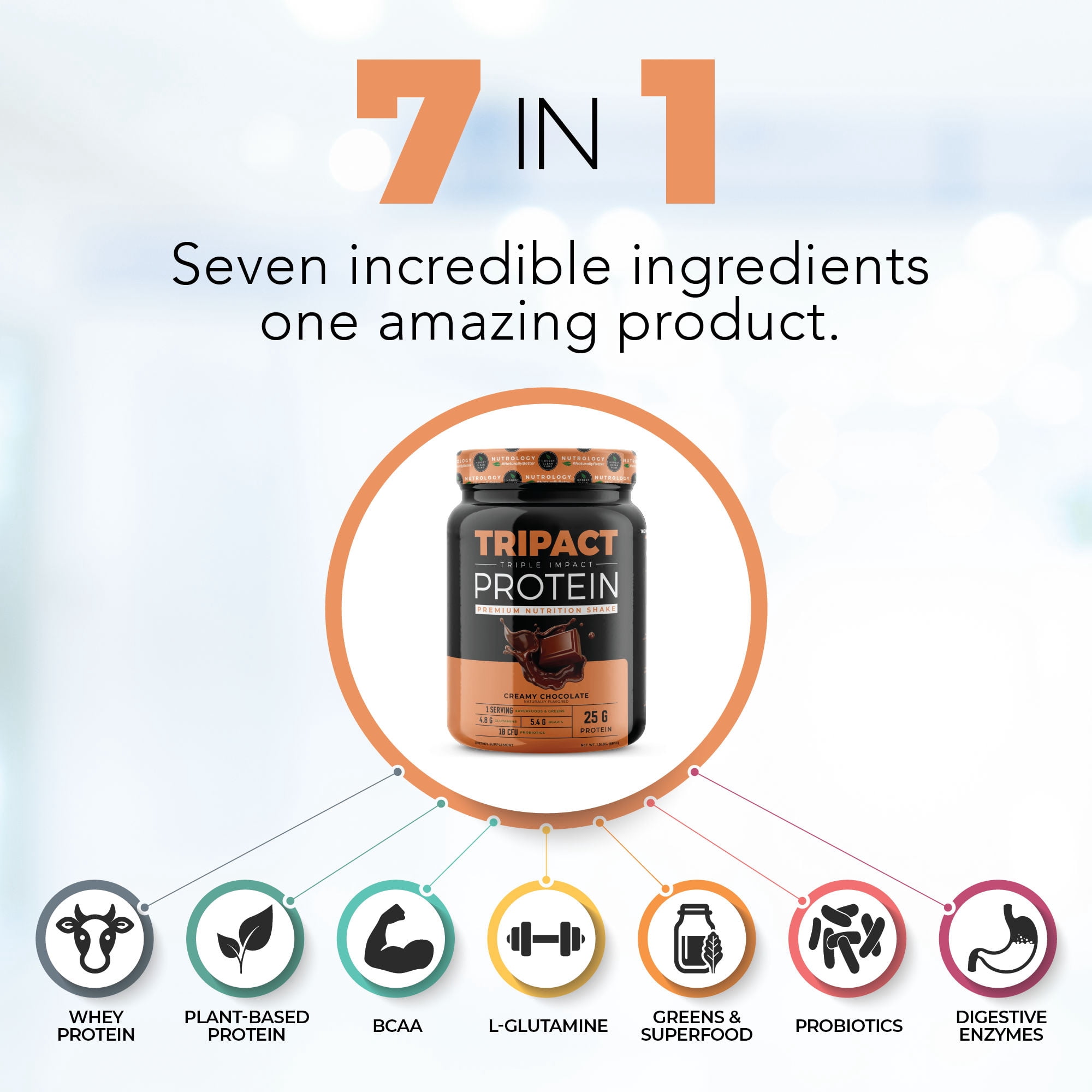 TRIPACT PROTEIN - Premium Nutrition Shake - Non-GMO Grass Fed Whey Protein, Plant Proteins, Greens, Superfoods and Probiotics–Lean Muscle-Recovery-Boost Performance -Creamy Chocolate Flavor 3lb.