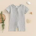 thumbnail image 2 of Short Sleeve Baby Romper Solid Color Ribbed Infant Bodysuit With Zipper Comfy Crew Neck 0-12M Summer Jumpsuit On Clearance, 2 of 3