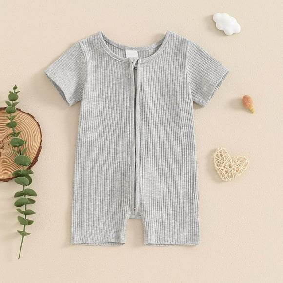 LWFFDAW Newborn Infant Baby Boy Girl Summer Jumpsuit Short Sleeve Solid Crewneck One Piece Romper Zip Up Bodysuit Outfit Comfy Soft Onesies Sleepwear