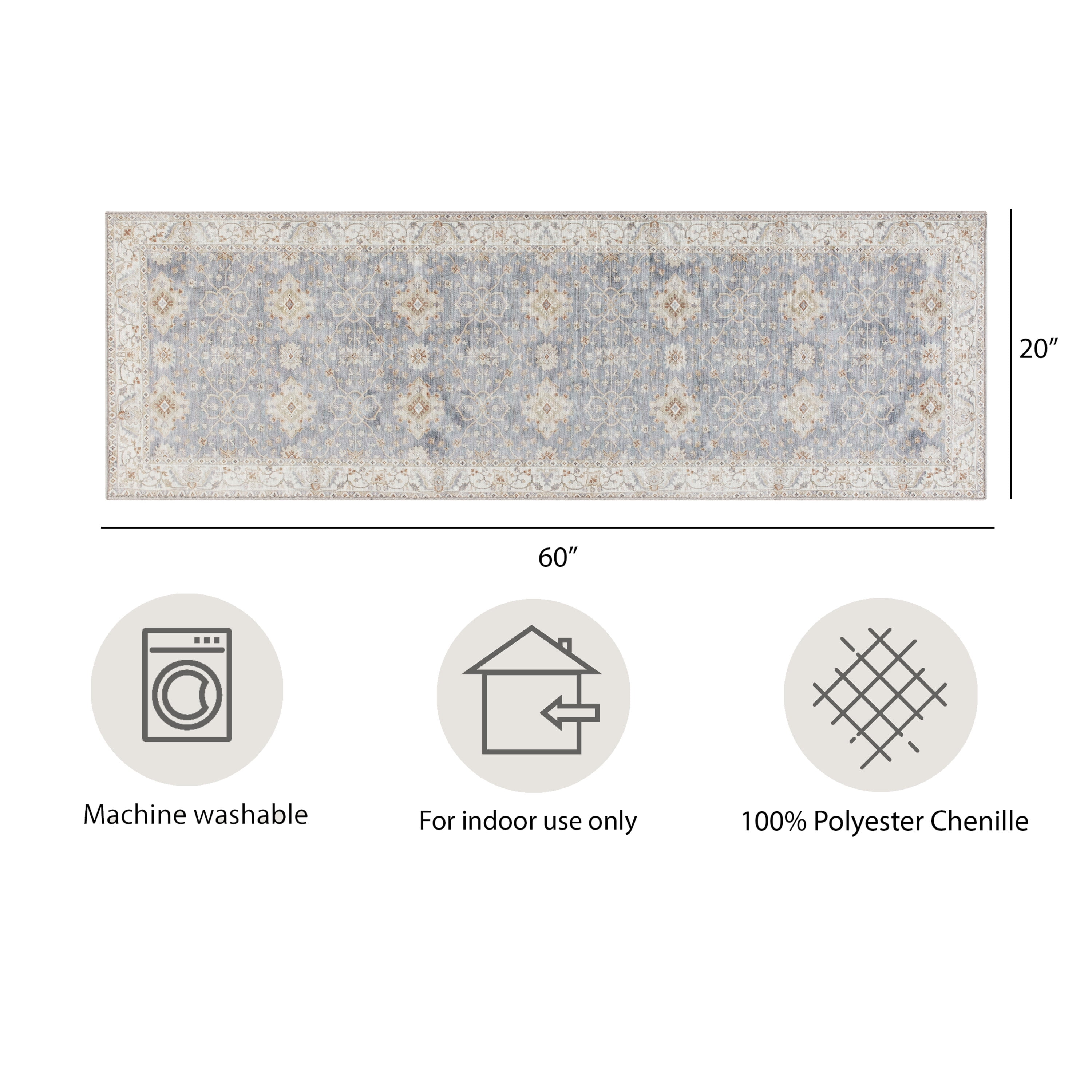 Blue/Taupe Medallion Washable Skid-Resistant Area Rug, 1'8" x 5'