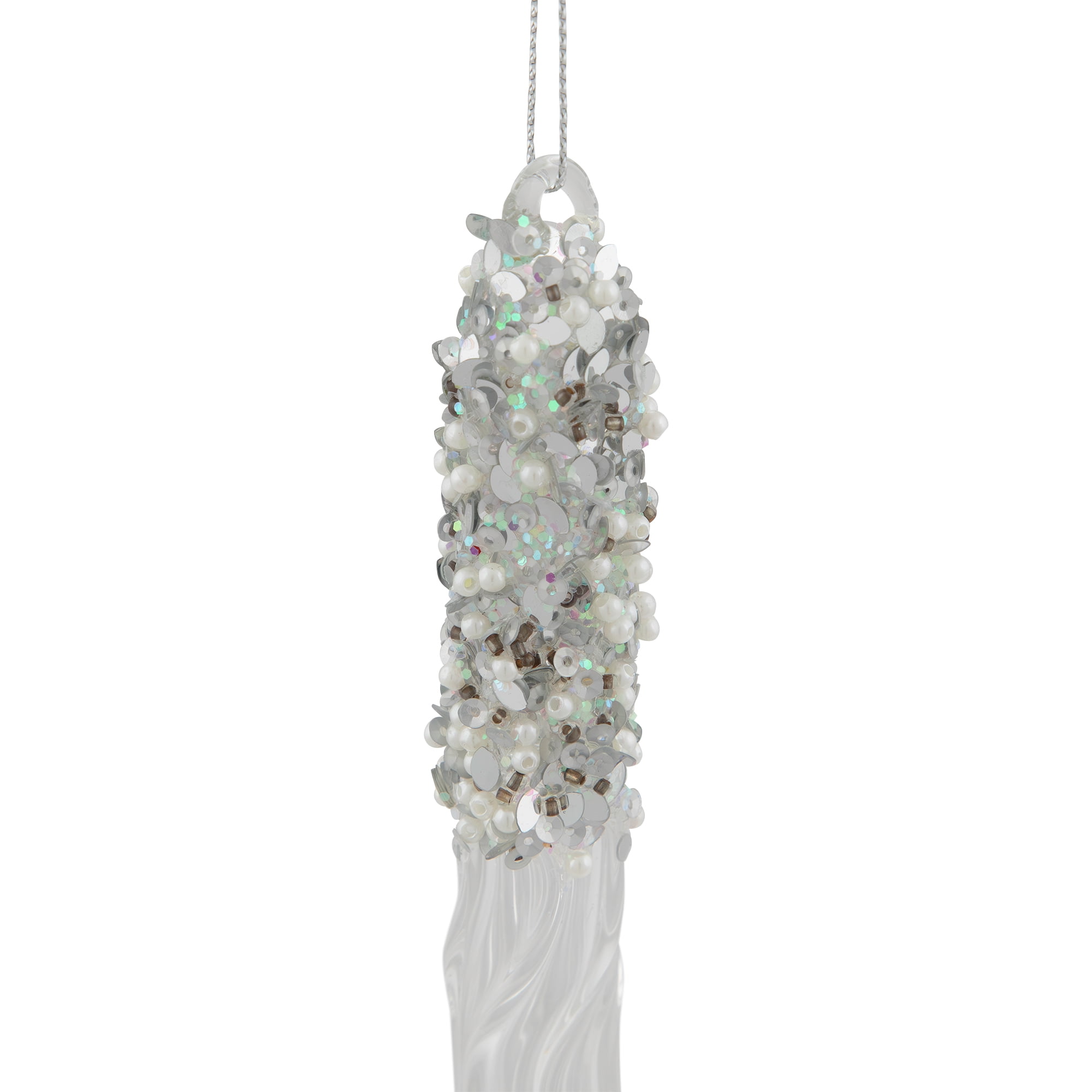 9" Translucent Glass Icicle With Glitter And Beads Christmas Ornament