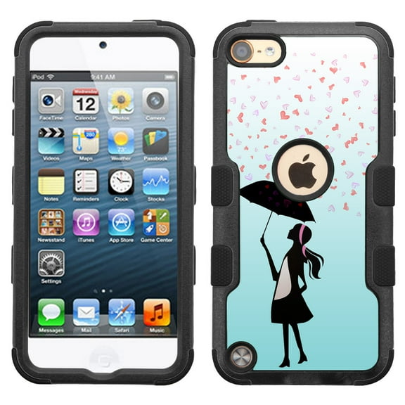 One Tough Shield ® 3-Layer Hybrid Case (Black w/Black Silicone) for Apple iPod Touch 5 5th / 6 6th Generation - Rain/Hearts
