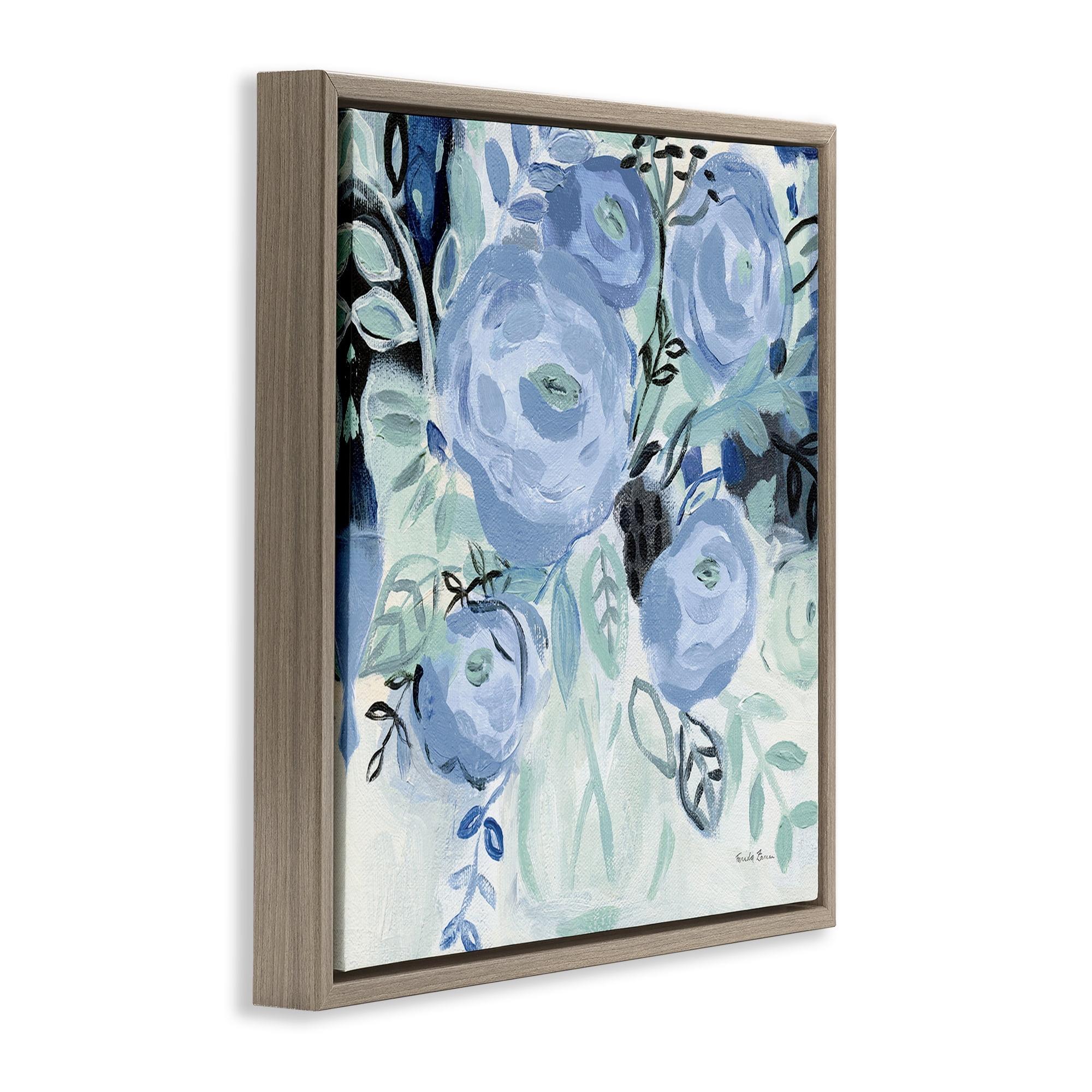 Stupell Industries Blue Coastal Blooms Botanical & Floral Painting Brown Floater Framed Art Print Wall Art, 18 x 18