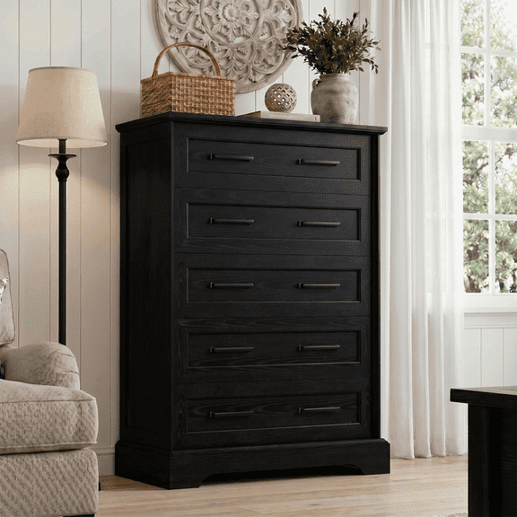 Homall Wooden 5 Drawer Dresser for Bedroom, Modern Chest of Drawers, Storage Cabinet Organizer with Metal Handles for Bedroom, Living Room and Closet, Black