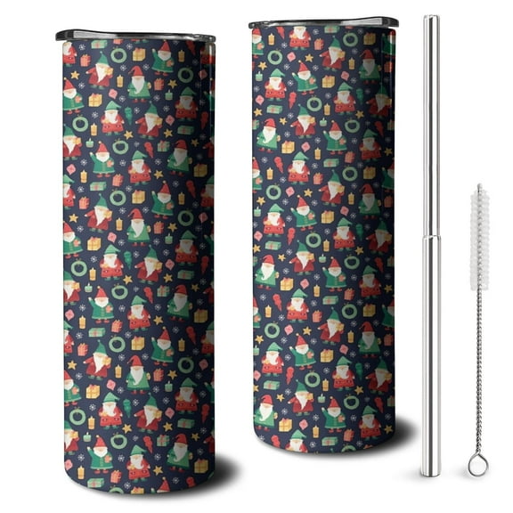 20oz Dark Blue Christmas Santa and Gnome Pattern Skinny Tumblers Stainless Steel Tumbler with Lid and Straw,Vacuum Insulated Double Wall Travel Tumbler Cups with Cleaning Brush for Coffee,Tea