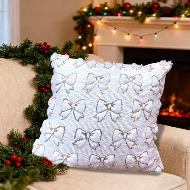Funda de moño de lentejuelas - Cojín de poliéster acolchado y mullido • Funda decorativa de sofá de 44x44cm rojo, blanco verde rosa • Acento navideño suave y duradero